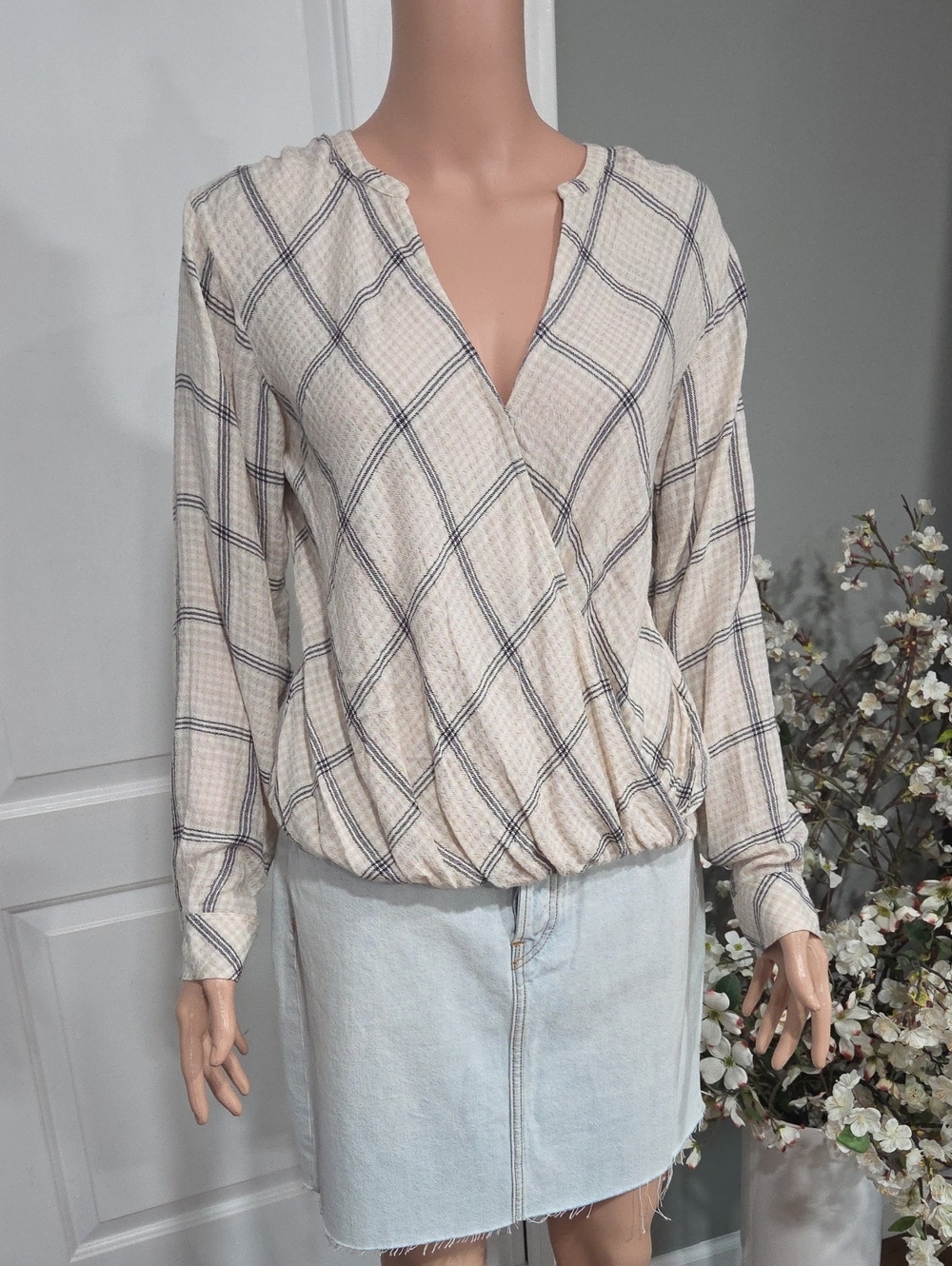 Plaid Surplice Long-Sleeve Top in Cream